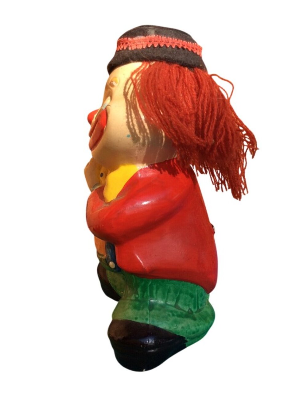 Vintage Ceramic Clown Coin Piggy Bank With Red Yarn Hair & Painted Outfit - Picture 6 of 8